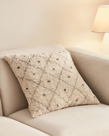 Zita 100% cotton pile cushion cover in beige with diamonds and blue dots, 50 x 50 cm