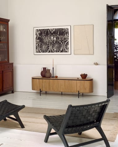 Mueble TV Licia 4 puertas de madera maciza de mango y metal pintado negro 200 x 55 cm