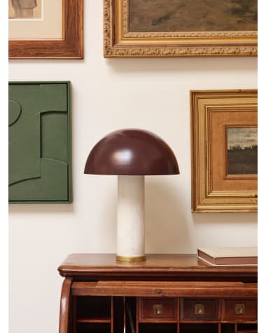 Zorione table lamp in white marble and metal, with a painted brown finish. With UK adaptor
