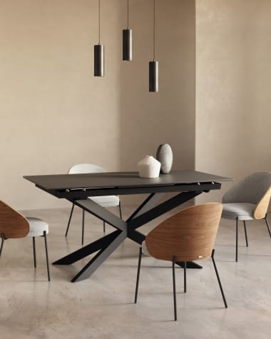 Ανοιγόμενο τραπέζι Atminda, γυαλί και ατσάλινα πόδια σε μαύρο φινίρισμα, 160(210) x 90 εκ