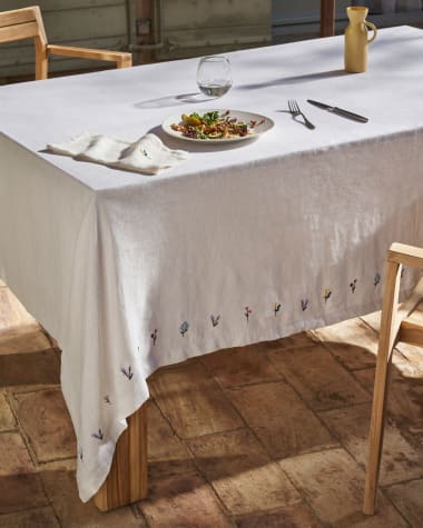 Sadurni 100% white linen with floral embroidery, 170 x 250 cm