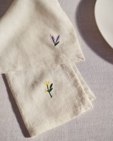 Sadurni Set aus 2 Servietten 100% Leinen weiß mit aufgestickten Blumen gelb und lila
