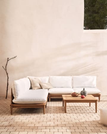 Portitxol set of 1 corner armchair, 4 modular armchairs and coffee table in solid teak