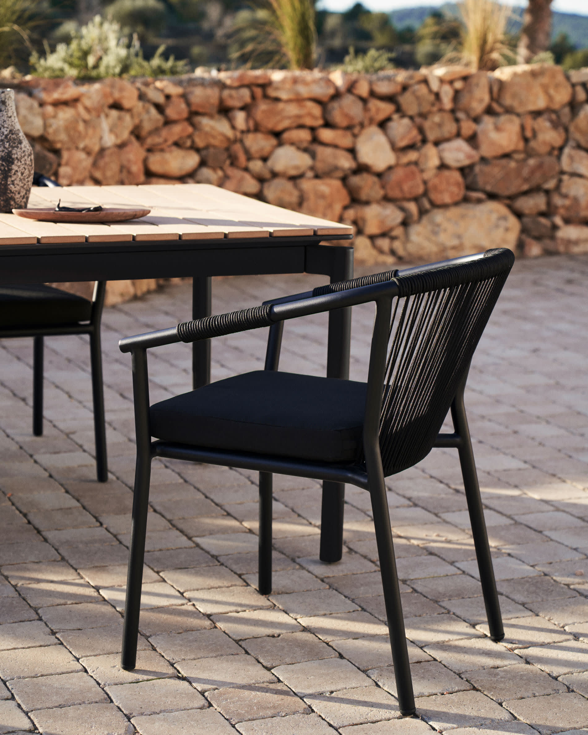 Xelida stackable garden chair in aluminium and black cord Kave Home