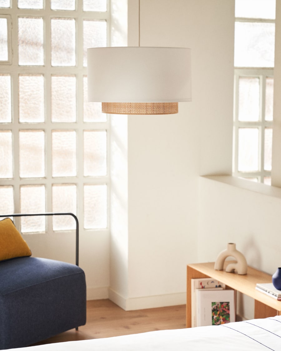 Pantalla para lámpara de techo Hila de papel blanco y chapa de madera  natural Ø 80 cm