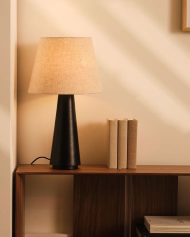 Torrent metal table lamp with black painted finish and linen shade