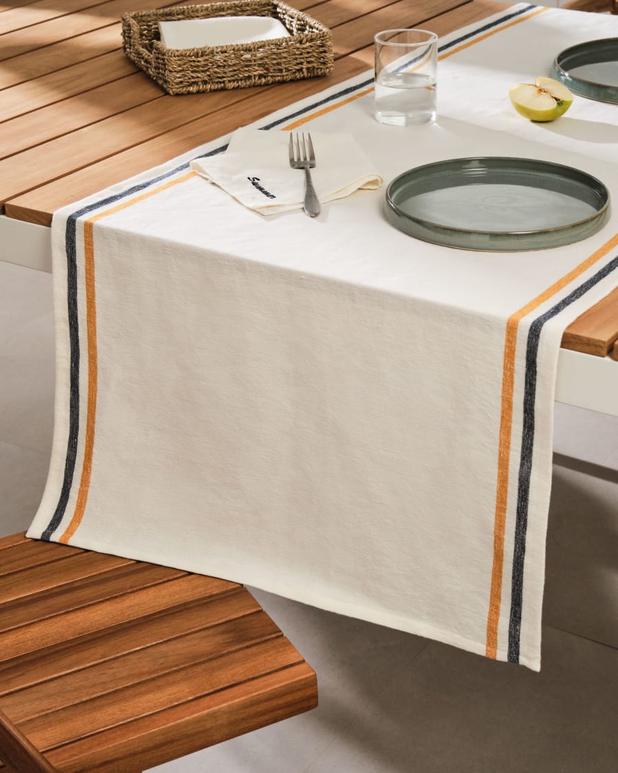Vallcanera Tischläufer aus Baumwolle und Leinen Streifen Senfgelb und Blau  50 x 160 cm | Kave Home