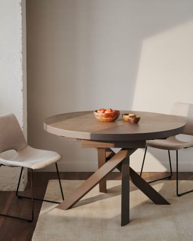 Vashti uitschuifbare tafel met porseleinaardewerk blad en bruine stalen poten Ø 120(160)cm