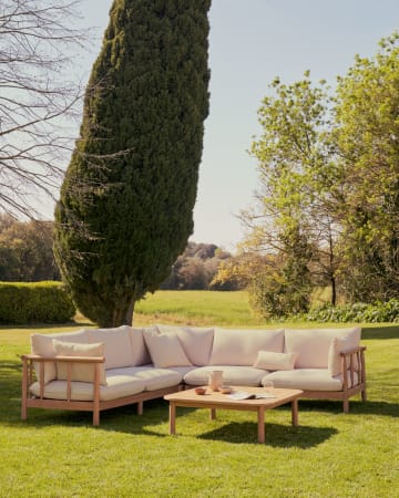Set Sacova 5-zits hoekbank en salontafel in eucalyptus massief hout