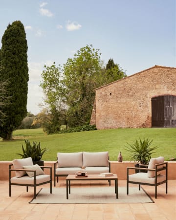 Aiguafreda Set 2-Sitzer-Sofa 2 Sesseln + Couchtisch Aluminium grau + massives Akazienholz