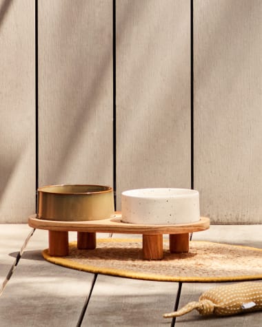 Set van 2 houten voerbakjes met houten standaard voor huisdieren Dumbi wit en bruin Ø 14 cm