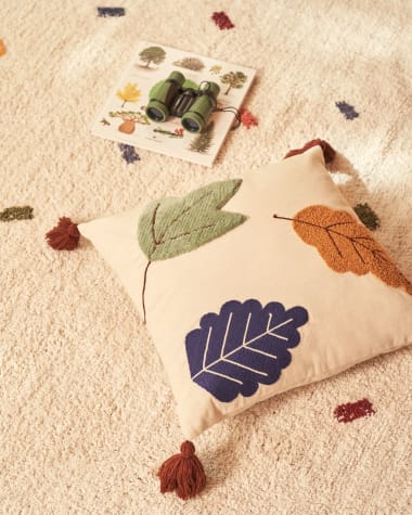 Zelda white cushion cover with multicolour embroidered leaves and terracotta tassels, 45 x 45 cm