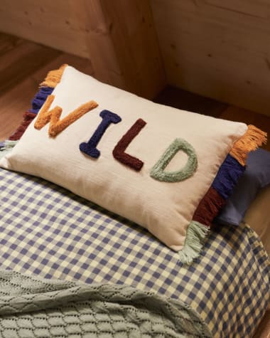 Zelda white cotton cushion cover with multicoloured embroidered letters, 30 x 50 cm