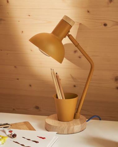 Lampa biurkowa Katia z drewna i metalu w kolorze musztardowym