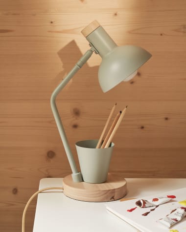 Lampa biurkowa Katia z drewna i zielonego metalu