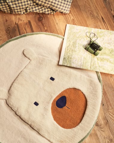 Zelda round white cotton bear rug, Ø 100 cm