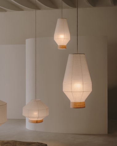 Abażur do lampy sufitowej Hila wykonany z białego papieru i okleiny z naturalnego drewna Ø 30 cm