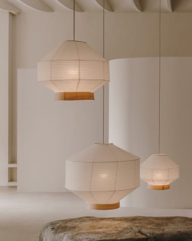 Abażur do lampy sufitowej Hila wykonany z białego papieru i okleiny z naturalnego drewna Ø 55 cm