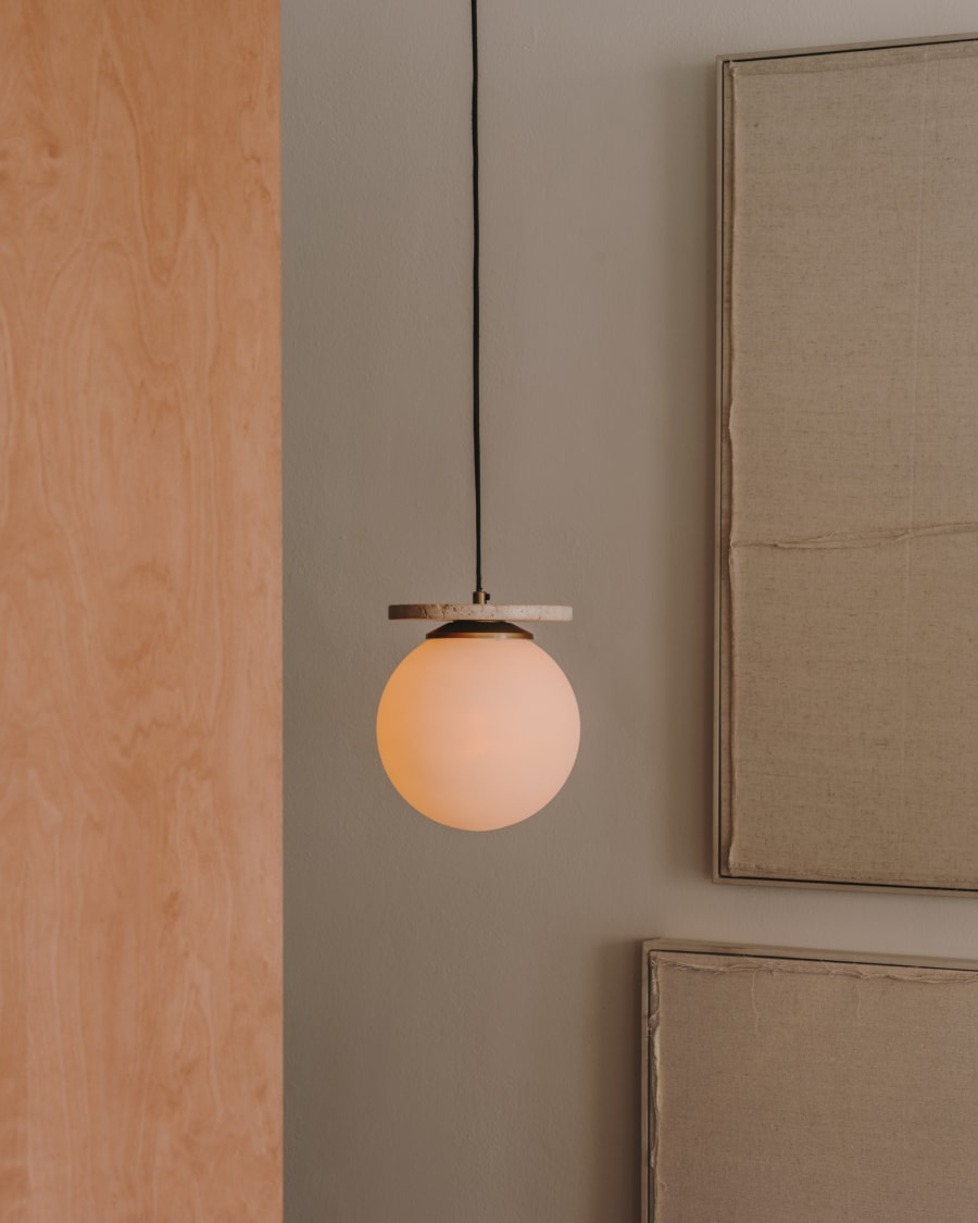 Malachi ceiling lamp with glazed glass and travertine stone | Kave Home®