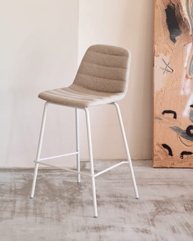 Zunilda stool in beige chenille and steel with matt white finish height 65 cm