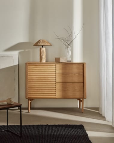 Lenon sideboard with 1 door and 3 drawers, made from oak wood and veneer, 105 x 84 cm FSC MIX Credit