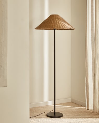 Urania floor lamp in rattan and metal with black painted finished UK adapter