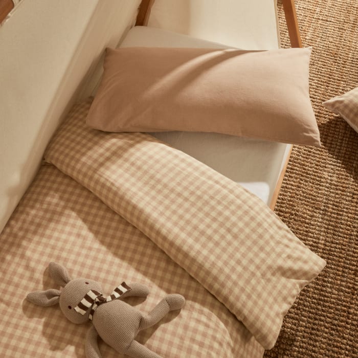 Set Yanil fundas nórdica almohada bajera 100% algodón cuadros rosa y beige cama  90 cm