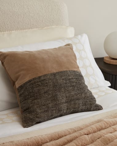 Federa cuscino Mikayla in lino e cotone stampato e velluto nero e naturale 45 x 45 cm