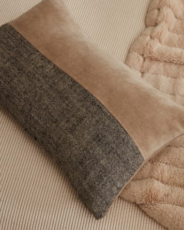 Federa cuscino Mikayla in lino e cotone stampato e velluto nero e naturale 30 x 50 cm