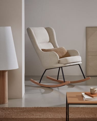 Maustin rocking chair in beige chenille with a black steel structure and beech wood