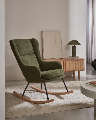 Maustin rocking chair in white shearling with a dark green steel structure and beech wood