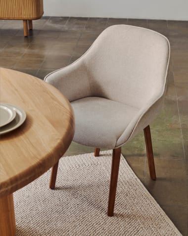 Aleli beige chenille chair with solid ash wood legs and walnut finish