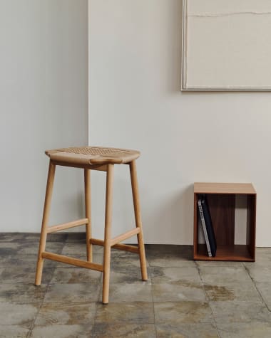 Enit stool made of beige paper cord and solid oak wood with natural finish, 65cm FSC Mix Credit