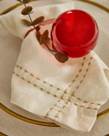 Marek set of 2 white linen and cotton napkins with gold embroidery double stitching
