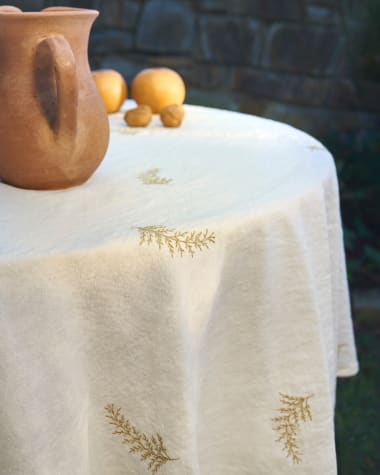 Masha round white linen and cotton tablecloth with embroidered gold lurex leaf detail Ø150cm