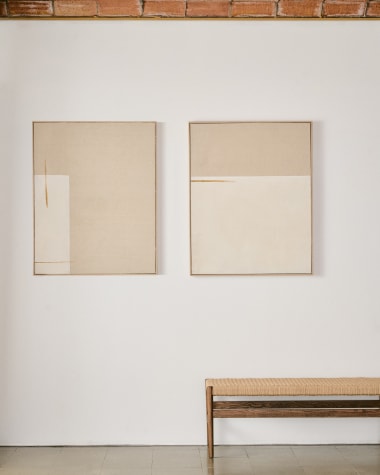 Quadro abstrato Salin com risca horizontal de linho bege  80 x 100 cm