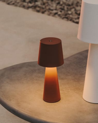 Arenys small outdoor metal table lamp in a terracotta painted finish