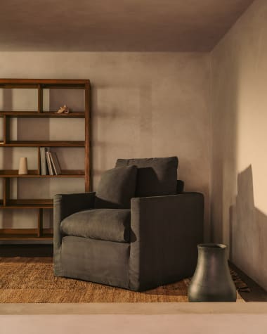 Nora armchair with a removable cover and grey anthracite linen and cotton cushion 92 cm