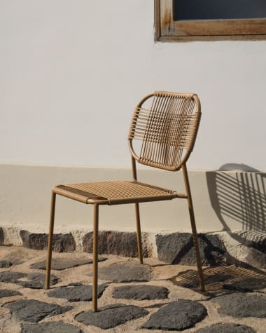 Talaier stackable outdoor chair made of synthetic rope and galvanized steel in brown finish