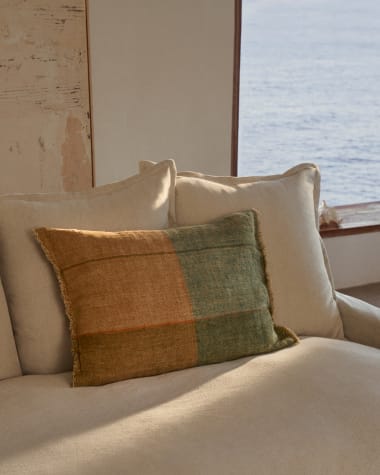 Sanna green and orange checked cushion cover, 100%  linen, 40 x 60 cm