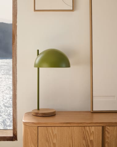 Tafellamp Catlar van essenhout en groen geverfd metaal