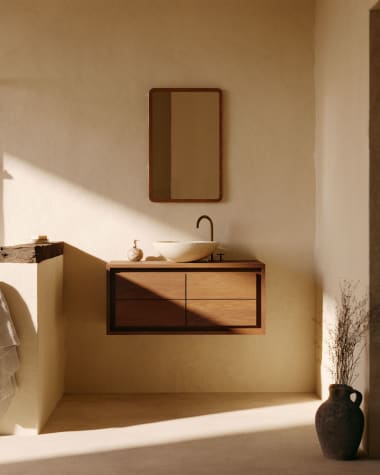 Meuble de salle de bain Kentaen bois de teck massif finition noyer 90 x 45 cm