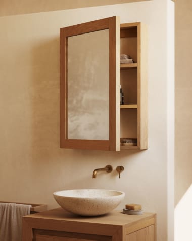 Plubia Badezimmerschrank mit Spiegel aus massivem Teakholz 50 x 70 cm