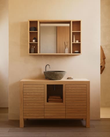 Έπιπλο μπάνιου Kenta, μασίφ ξύλο τικ φυσικό φινίρισμα, 120x45εκ