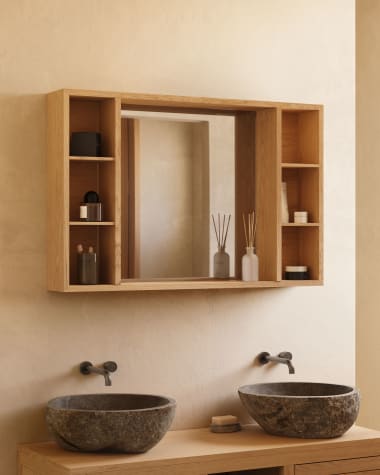 Ντουλάπι μπάνιου με καθρέπτη Parana, μασίφ ξύλο τικ, 100x65εκ