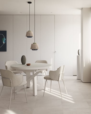 Vashti extendable round table in glass and MDF with steel legs in white, Ø 120(160)x120cm