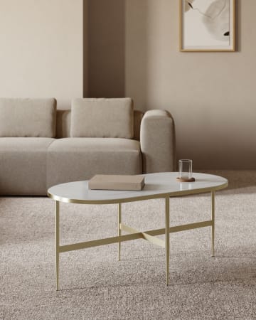 Table basse Elisenda en verre blanc et structure en acier finition dorée 100 x 50 cm