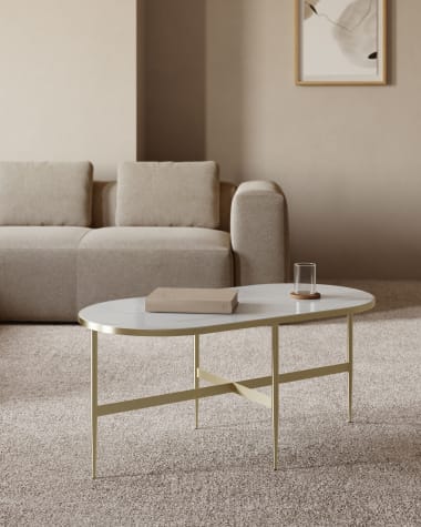 Τραπέζι σαλονιού Elisenda, λευκό γυαλί, ατσάλινο πλαίσιο σε χρυσό φινίρισμα, 100x50εκ
