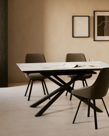 Ανοιγόμενο τραπέζι Theone, λευκή πορσελάνη, μαύρα ατσάλινα πόδια, 160 (210) x 90 εκ