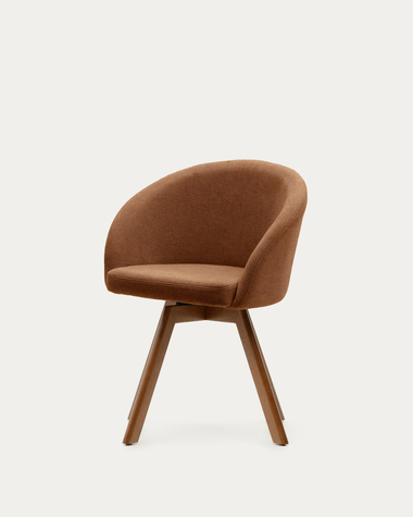 Περιστρεφόμενη καρέκλα Marvin, καφέ chenille και πόδια σε μασίφ ξύλο δρυός, φινίρισμα καρυδιάς